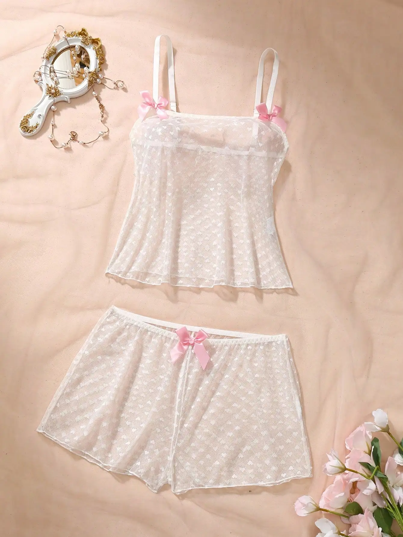

Sheer Heart-Print Mesh Lingerie Set with Pink Bows, Babydoll Top & Shorts