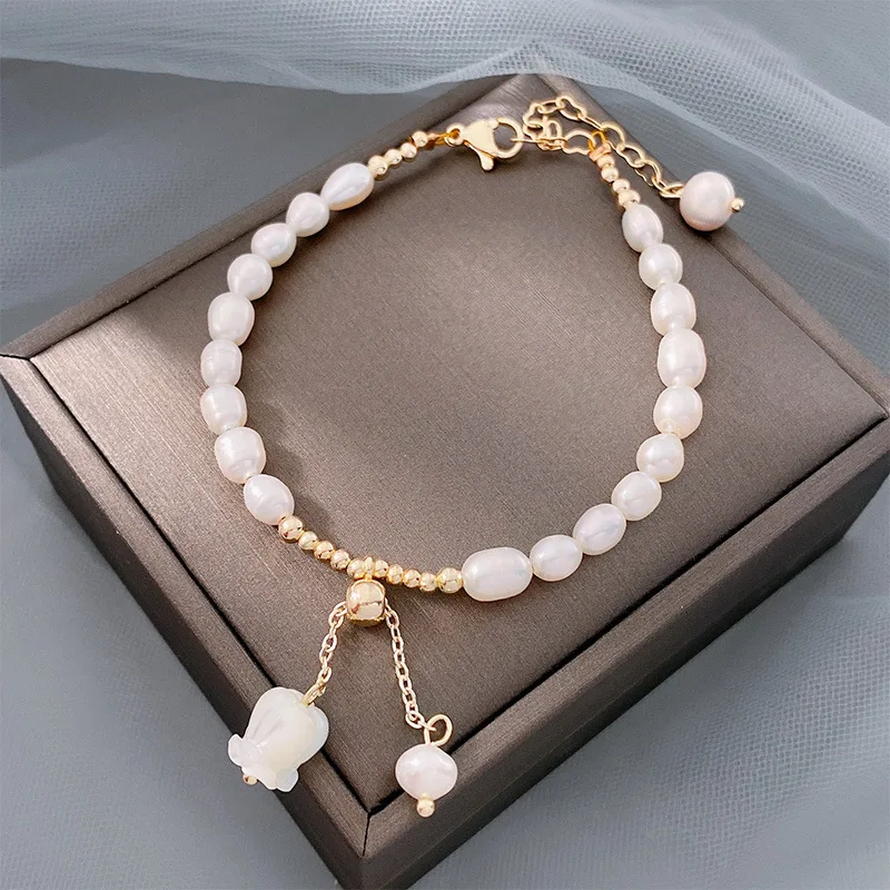 Promotion Jewelry Trendy Rose Flower Natural Freshwater Pearl 14K Gold Filled Ladies Bracelet For Women Valentine's Day Gifts