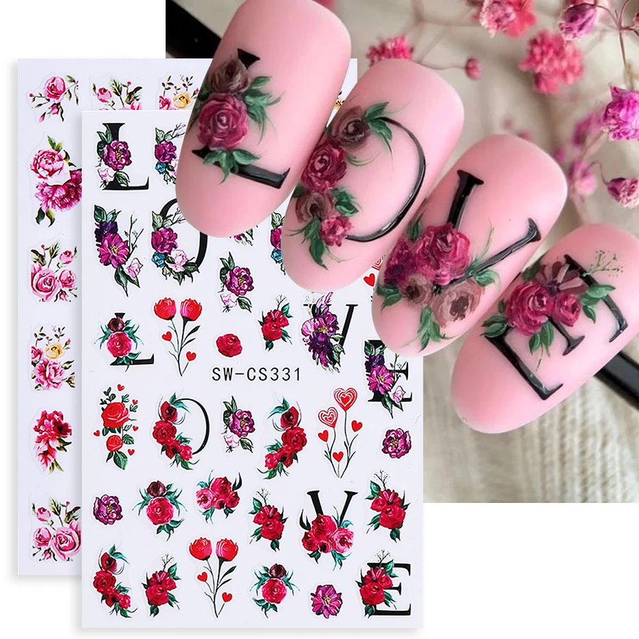 2 stücke Valentinstag Nagel Aufkleber Rote Rose Blume Pfingstrose Floral Blätter Klebstoff Sliders DIY Elegante Maniküre Dekoration Aufkleber Werkzeuge
