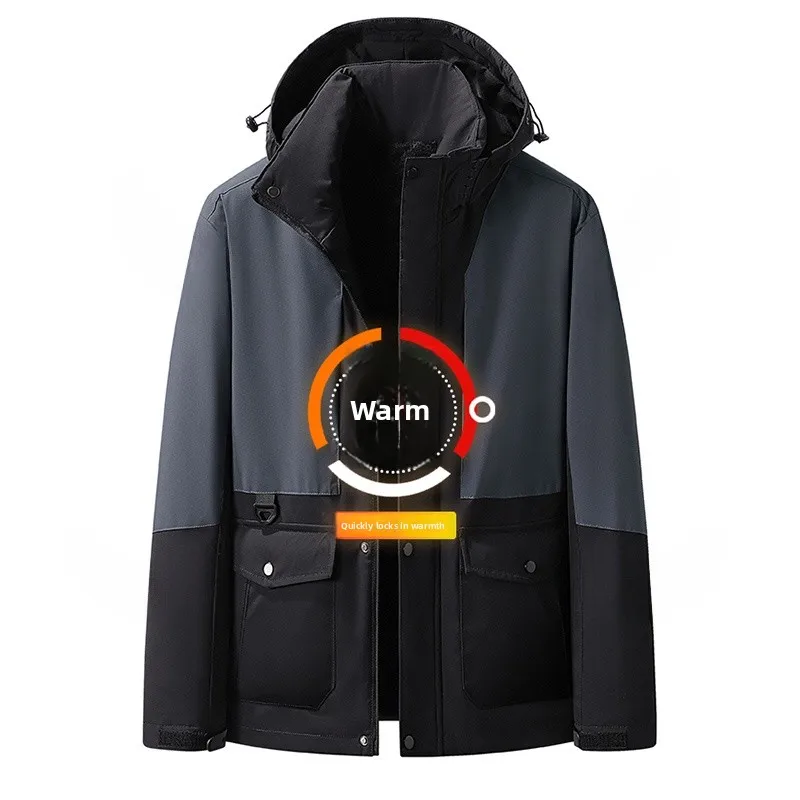 

Men's Autumn Winter Jaet Outdoor Detachable Hood Workwear Coat Color Blo Warm Climbing Suit Loose Fit Faion Urban Sle