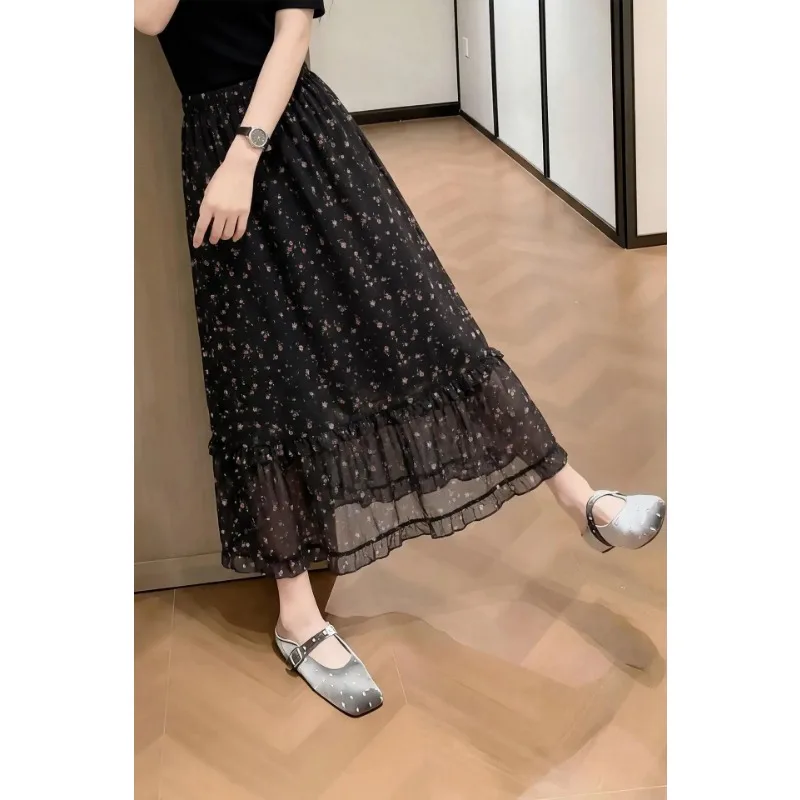 Women Black Floral High Waist Ruffle Hem Long Skirt Slim Elegant Summer Bot
