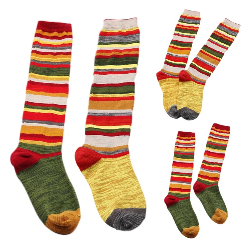 Women Christmas Cotton Knee High Socks Multicolored Rainbow Striped Jacquard Thin Tube Hoisery Casual Holiday Stretchy Long