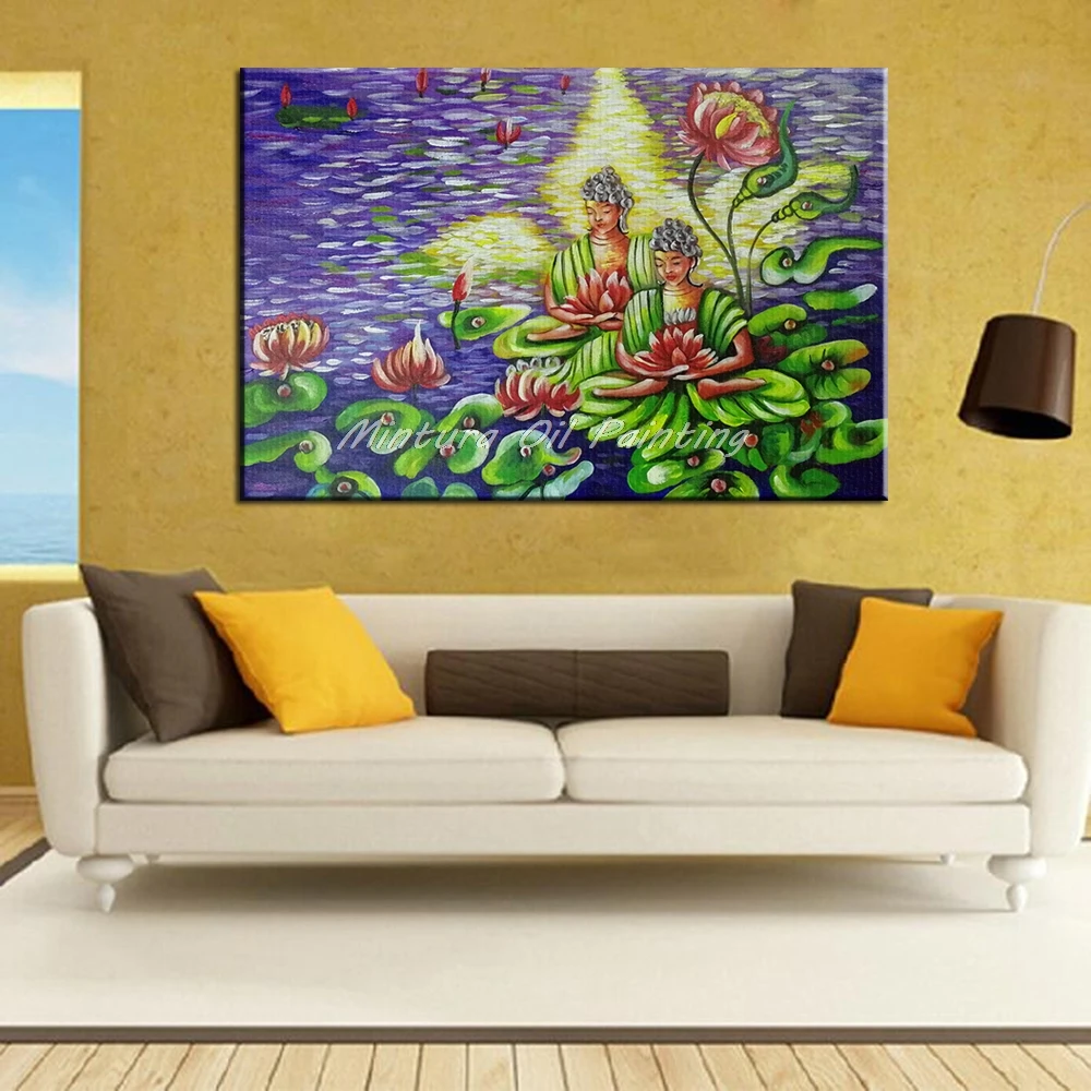 Mintura Art Hand-Painted Acrylic Canvas,Lotus and Avalokitesvara Oil Paintings Art Pictures Room Decor Hotel Decor Art No Framed