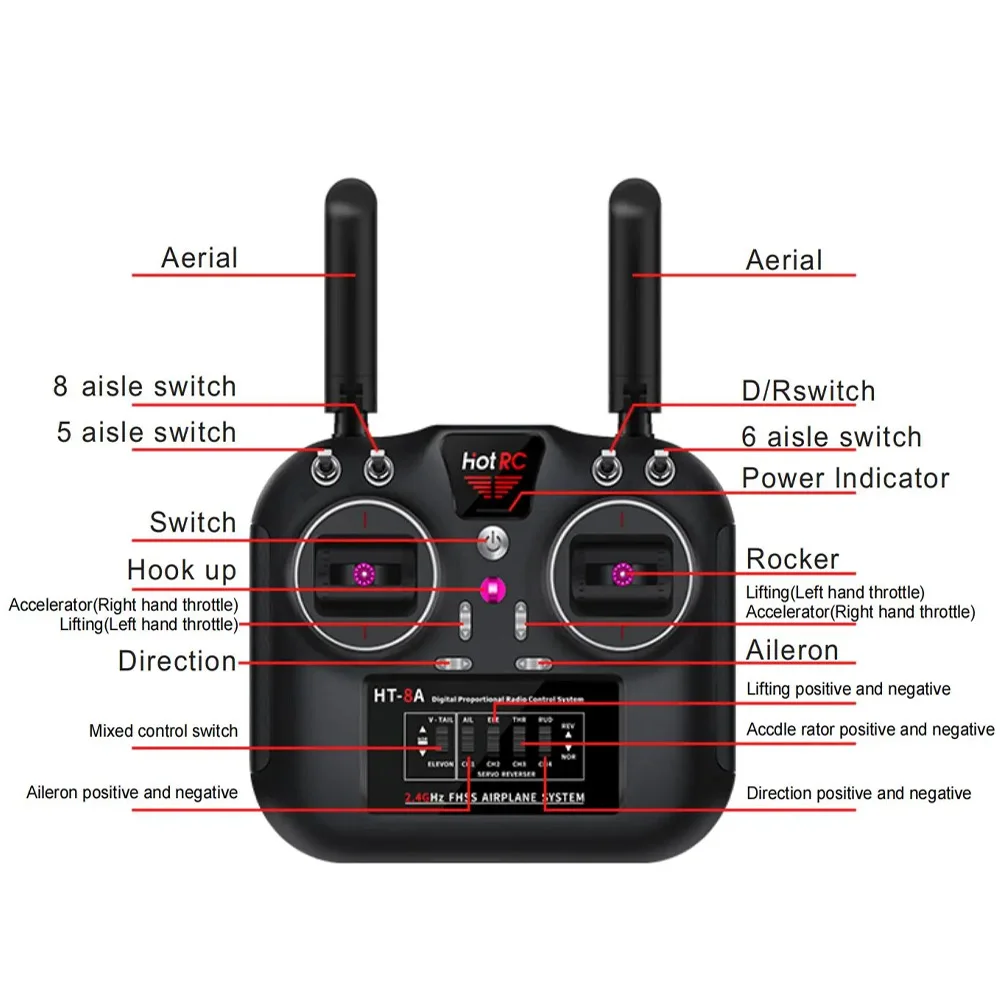 Hotrc HT-8A remote control 2.4G 8CH 4.5-9V PWM FHSS transmitter, paired with F-08A receiver, suitable for remote control toys