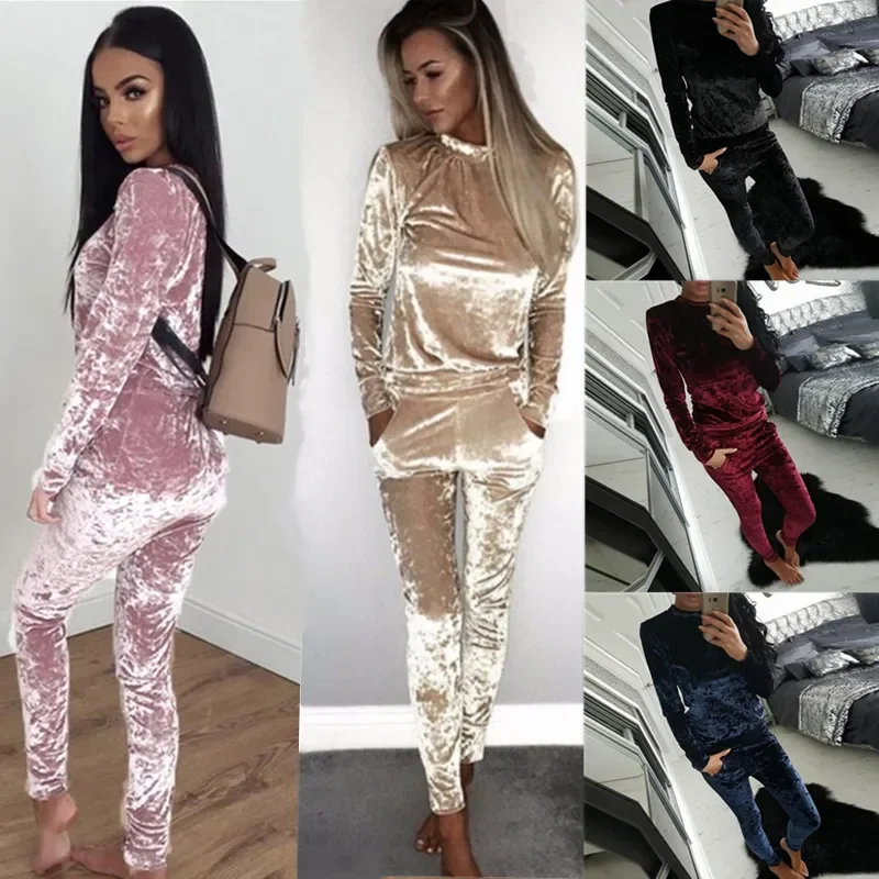 

Women Tracksuit Velvet Solid Color Autumn O-neck Sweatshirt and Pants Two Piece Set Fashion Casual Homewear Slim Female Outfits