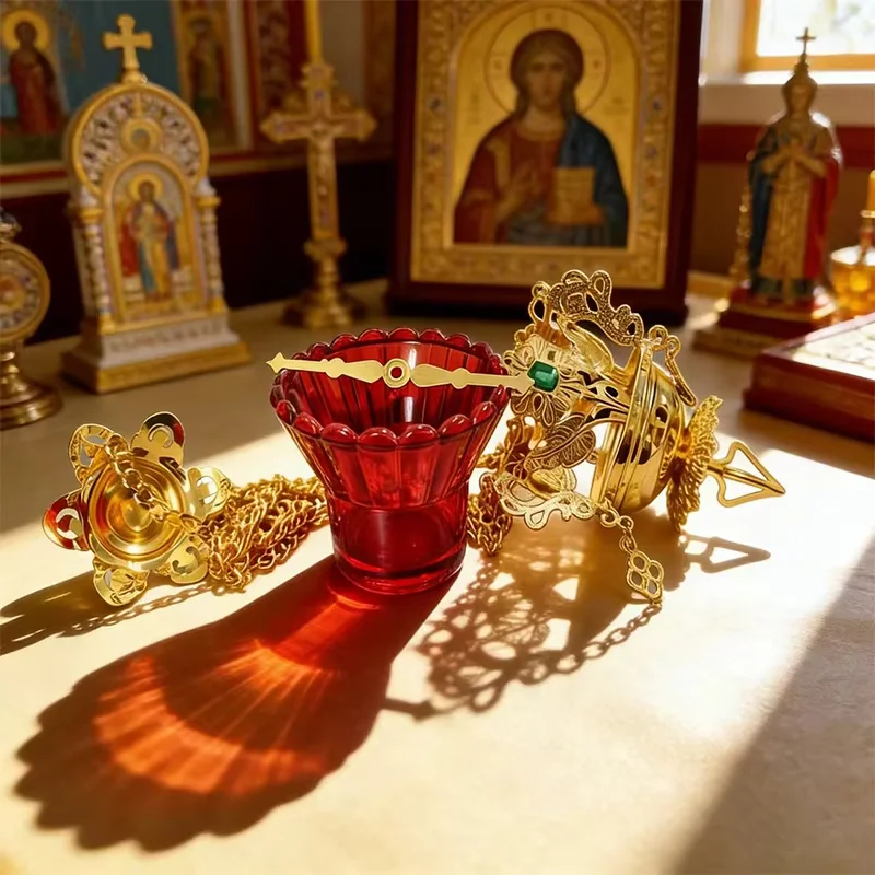Ornate Filigree Gem Inlaid Luxury Gold Hanging Orthodox Oil Lamp Complete Kit Scalloped Red Glass Bell Chain Cathedral Religious