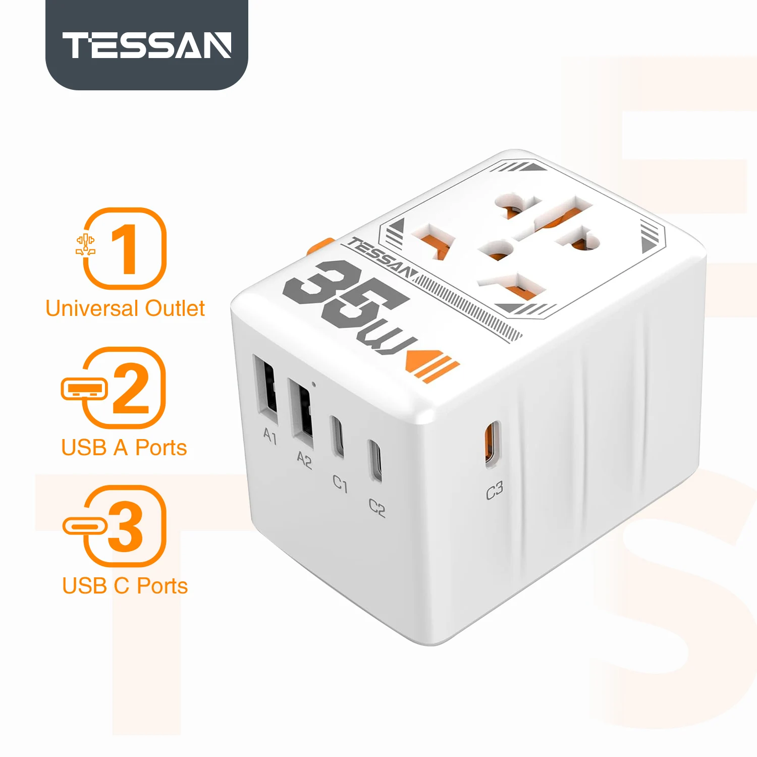TESSAN 140 W 100 W 65 W 35 W internationale stekkeradapter GaN reisadapter met universeel stopcontact 1 USB A 3 Type C snellader voor EU/UK/USA/AUS