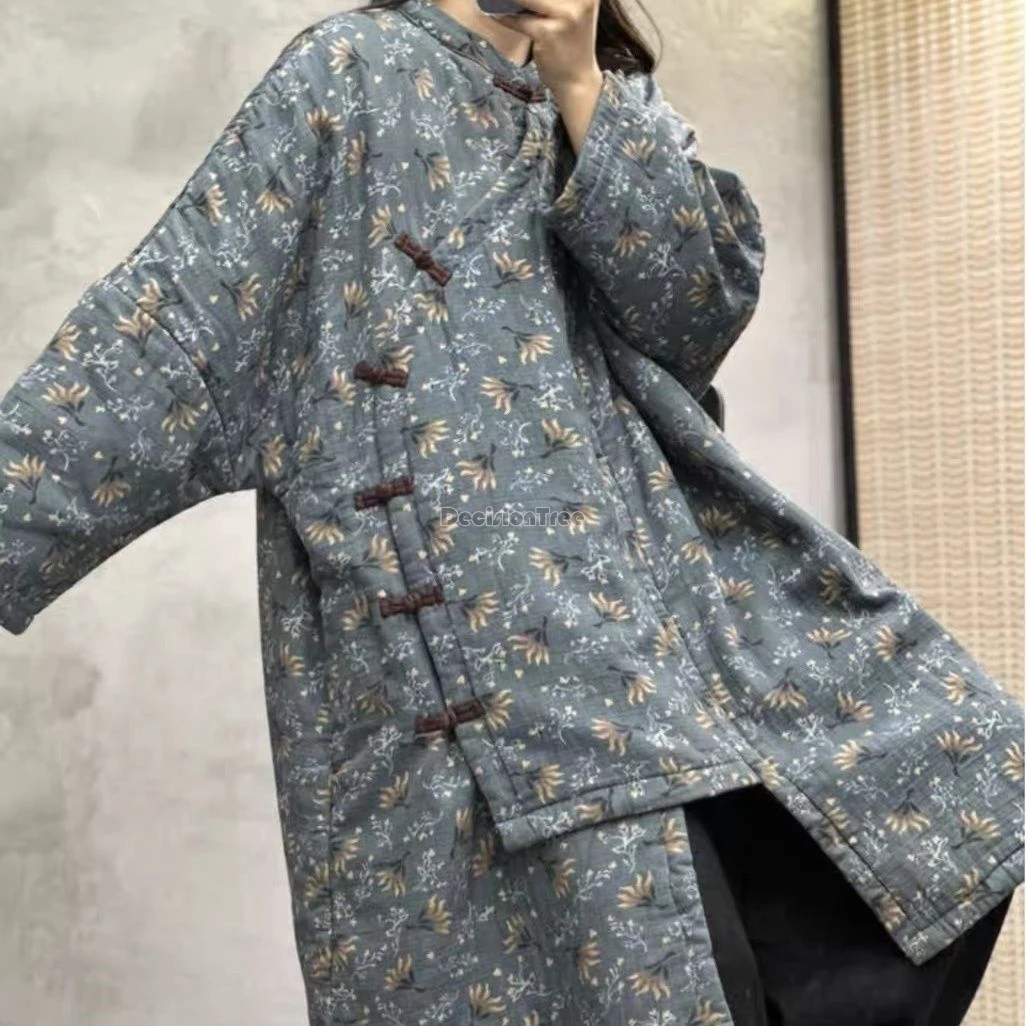 2024 leisure style loose comfortable medium length cotton linen coat chinese style printed plush warm clothing retro daily coat