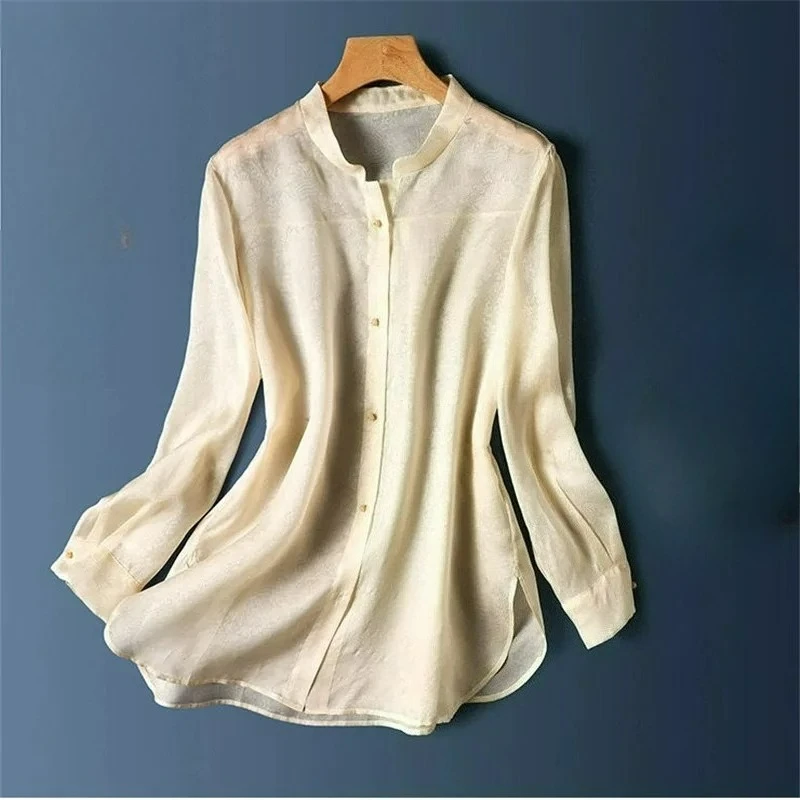 

2025 New Summer Thin Gauze Silk Soft Blouse Women Chinese Style Long Sleeve Sand Collar Runway Shirts Casual Womens Tops