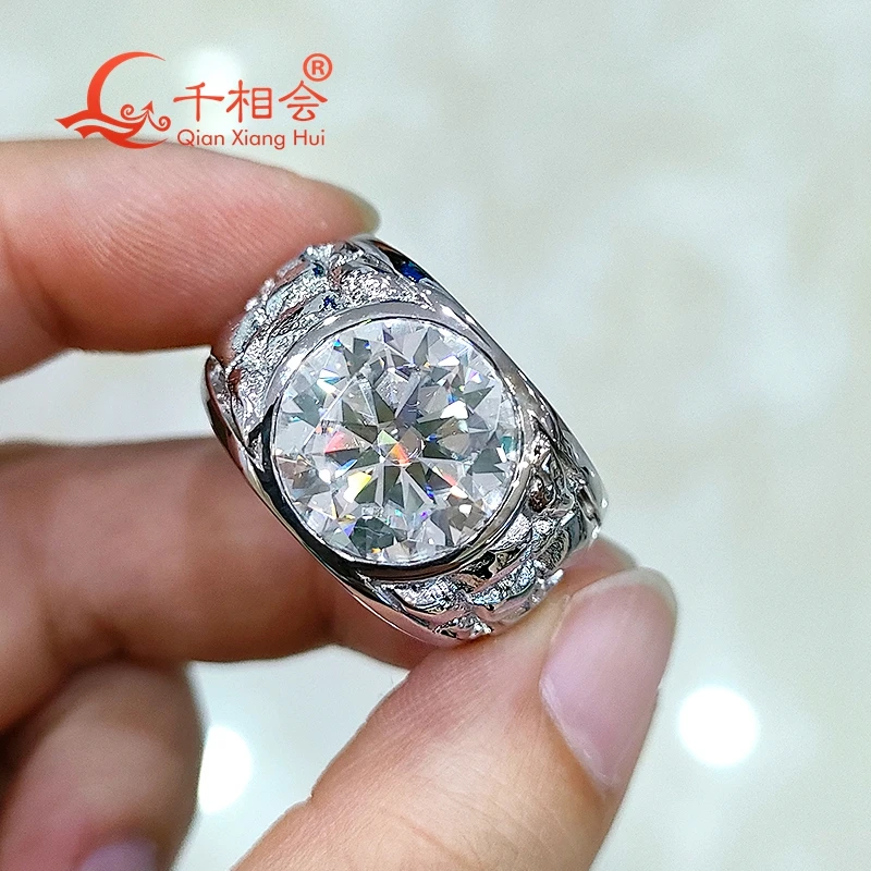 12.5mm round D VVS White Moissanite 7ct Men's Ring S925 Silver Luxury Style Carving Half Band Wedding Gift