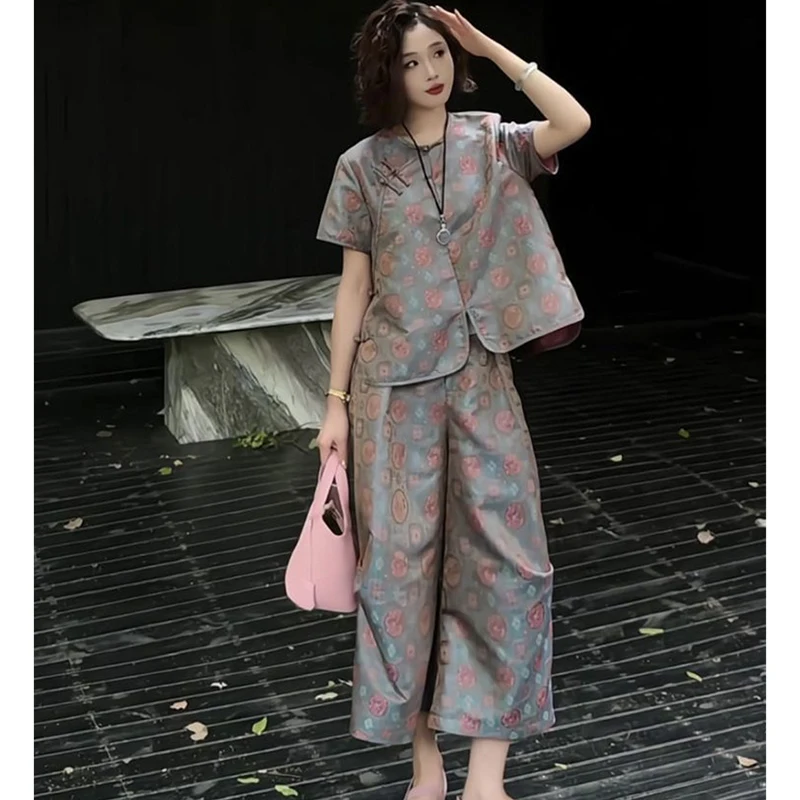 

French Style Elegant 2 piece Set Women Summer Pants Suit Floral Print Vintage Blouse Calf-Length Trousers Chinese