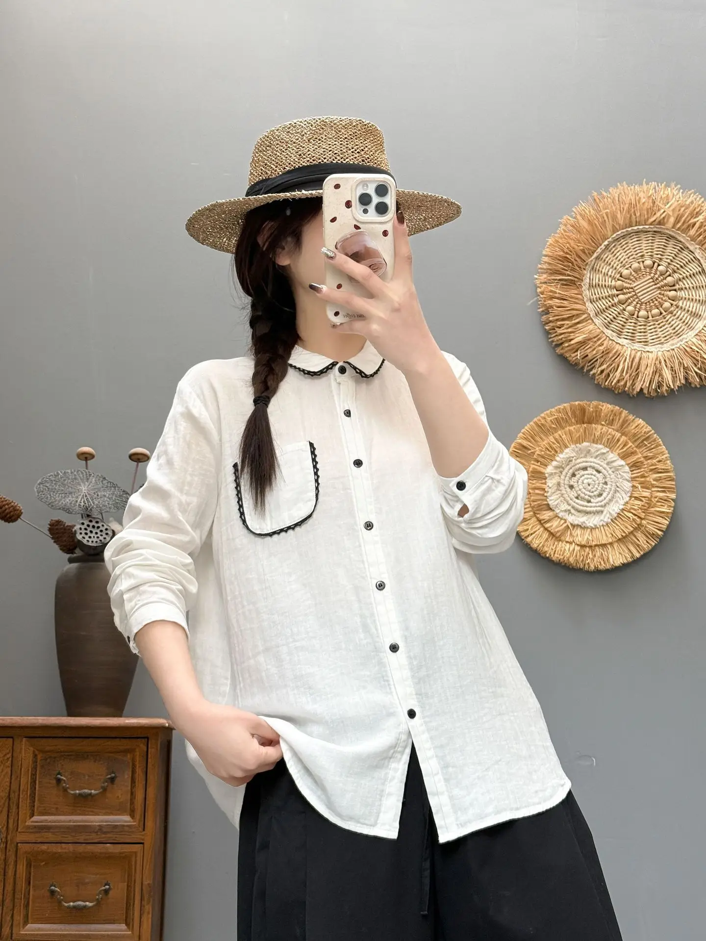 Nueva camisa de manga larga de hilo de algodón de verano 2025, blusa holgada informal cómoda con cuello vuelto para mujer sólida, chica Mori T55376CC