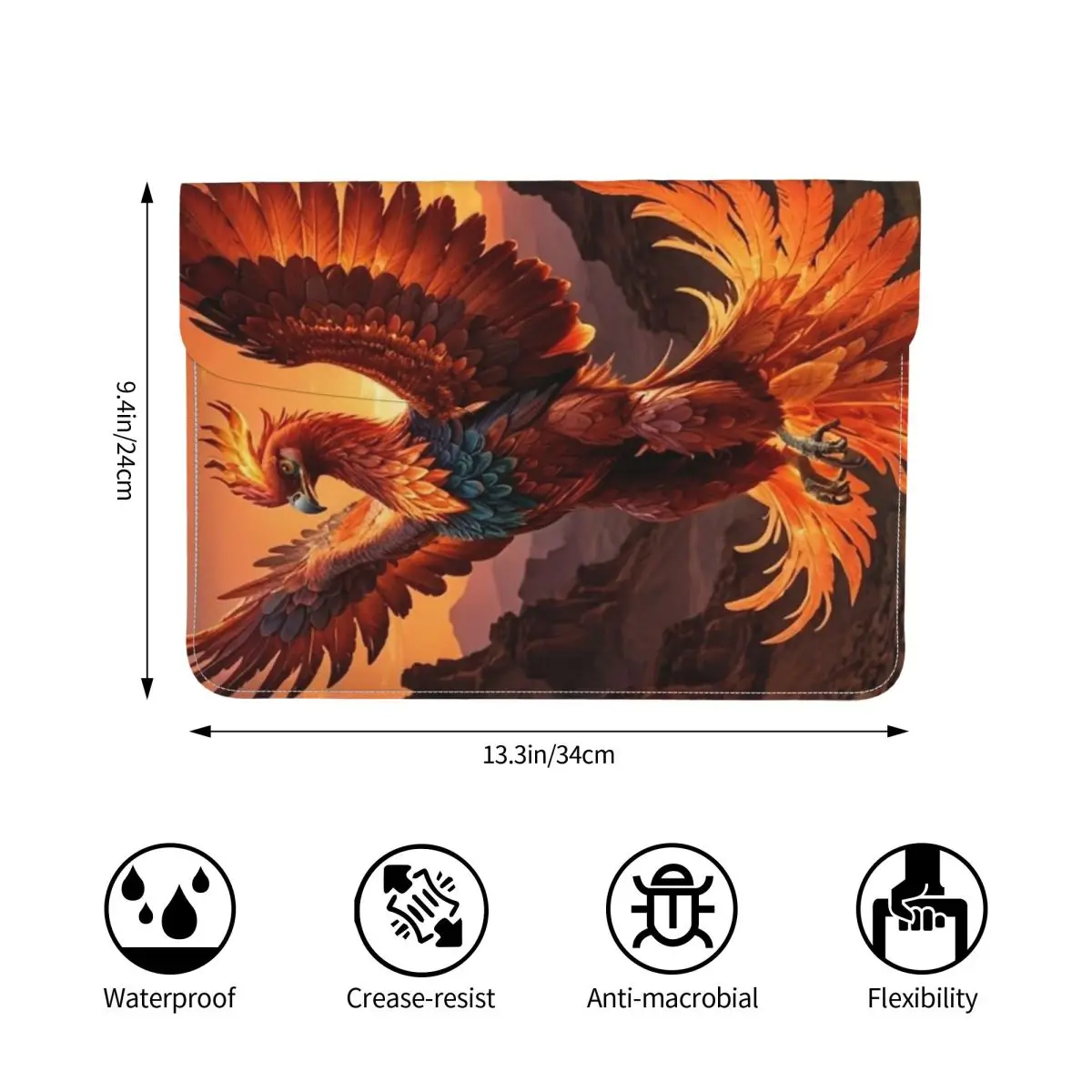 Phoenix Mythical Bird With Fiery Wings PU Leather Horizontal Laptop Sleeve Shockproof Soft Lining Notebook Case 13 Inch
