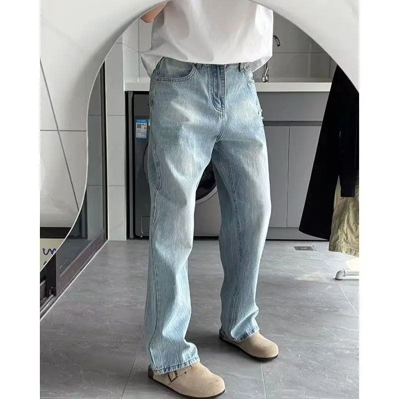 Luxury Man Clothing Ice Blue Lightning Pattern Matte White Jeans Unisex Summer Thin Flared Pants Ripped Washed Curved Pants