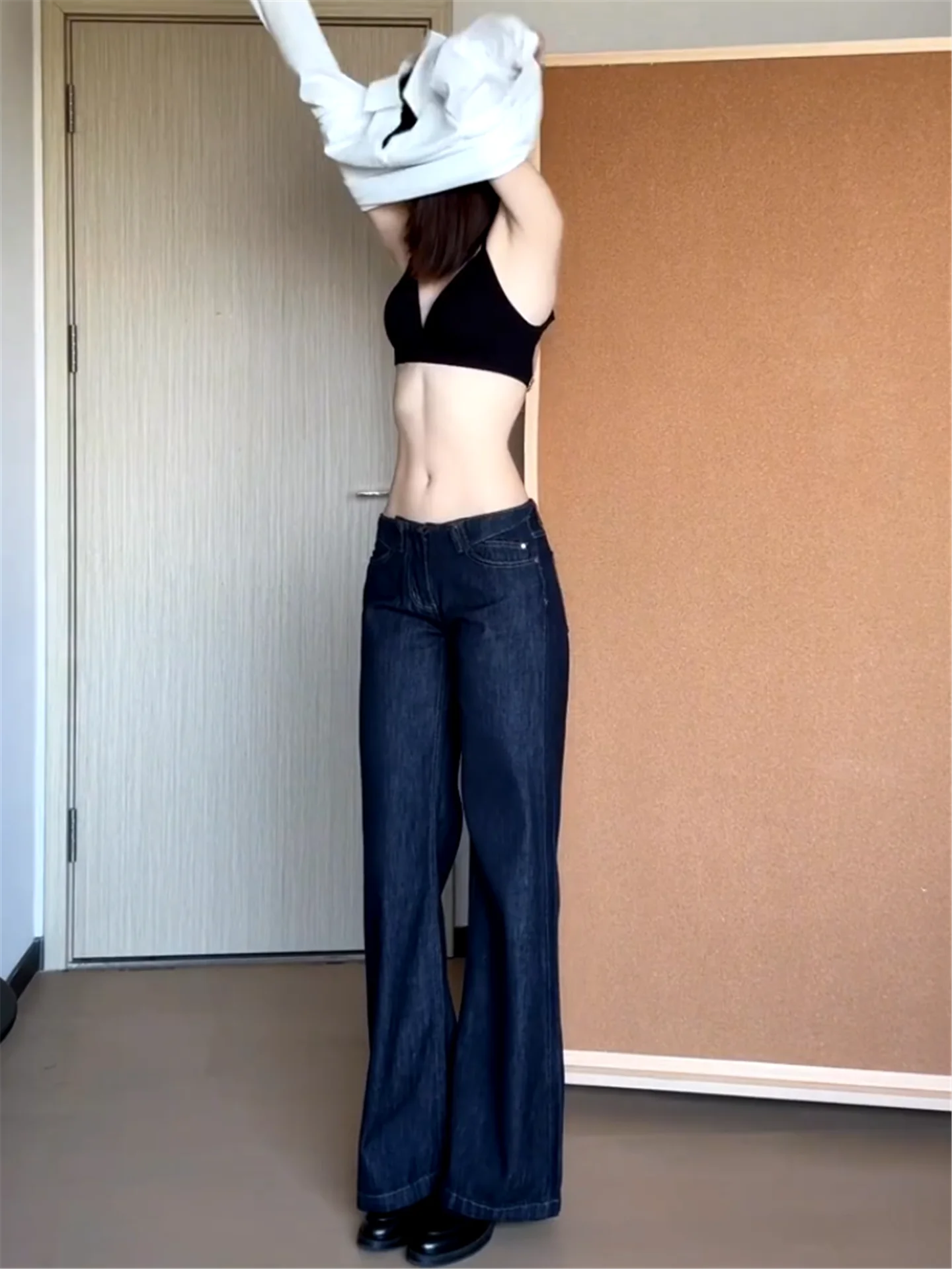 

Retro American Low Waist Straight Leg Jeans Women Loose Slimming Floor-Length Pants Spring Casual Cotton Non-Stretch