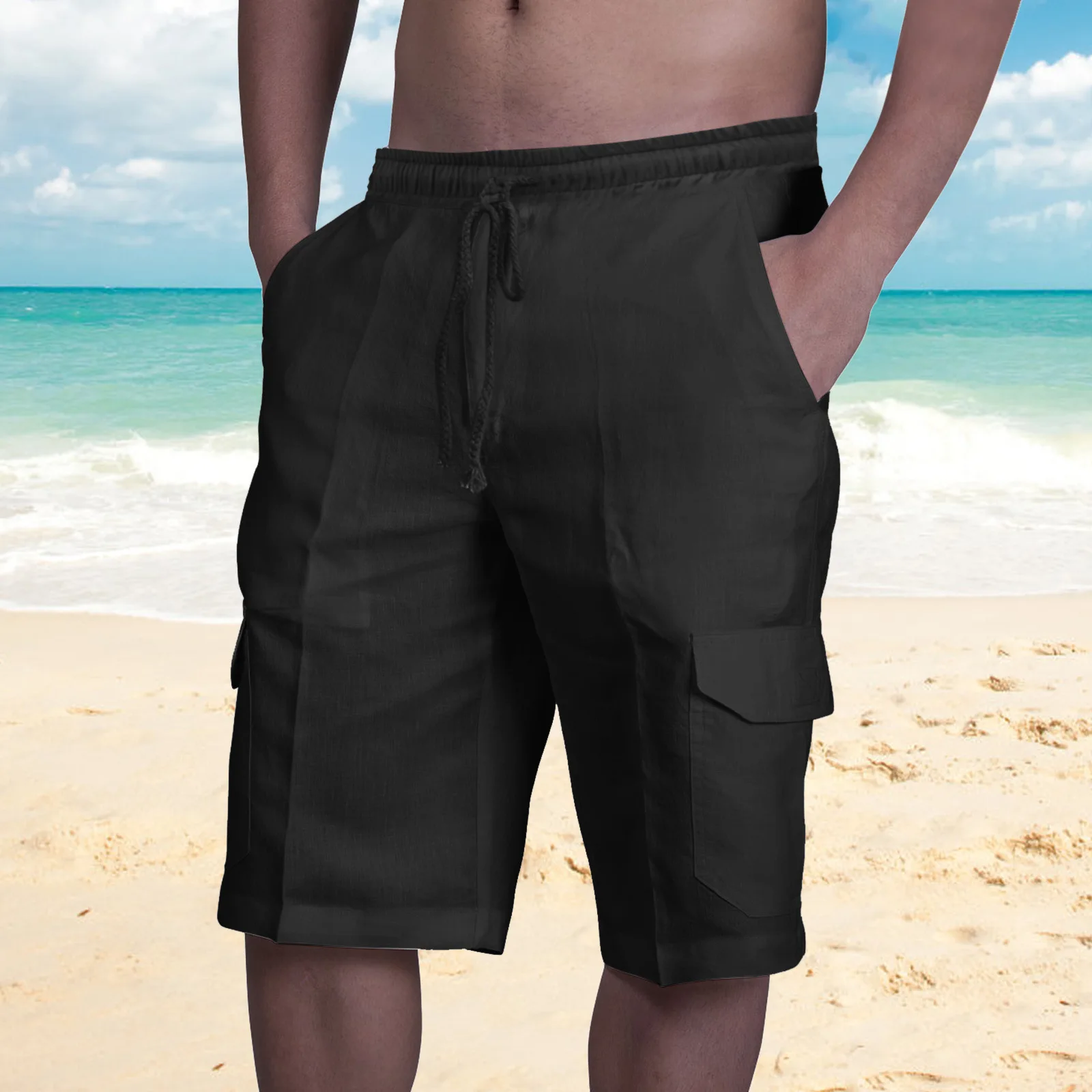 Short de plage en coton et lin blanc pour homme, vêtement d'été décontracté, multi-poches, sport, mode, taille élastique, respirant, 2023