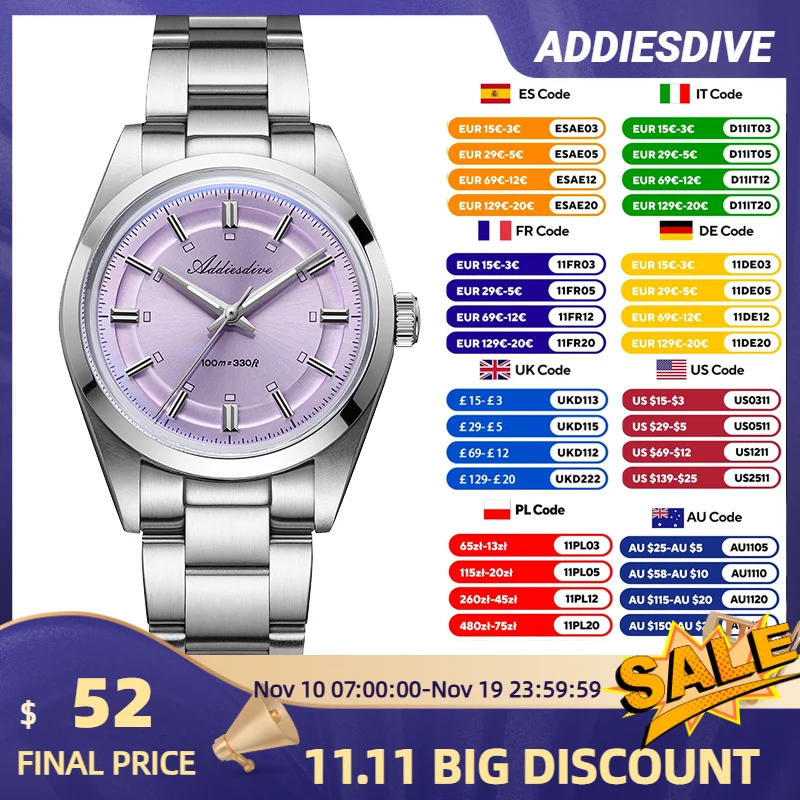 

ADDIESDIVE AD2515 Роскошные кварцевые часы 36 мм корпус из стали 316L VH31 механизм с пузырьковым кристаллом BGW9 синий светом 100 м водонепроницаемый