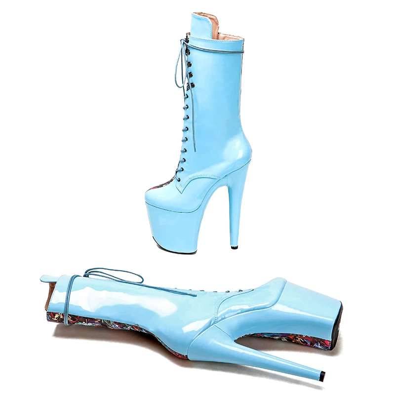 Leecabe 20CM/8Inch  Genuine Leather  flower with blue color PU patent  Platform disco party High Heels Pole Dance boot