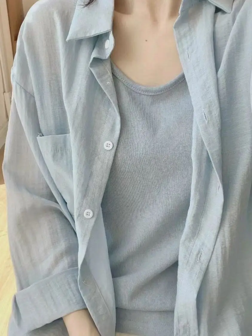 Blue Lightweight Lazy Shirt Women's Summer New Style Casual Loose Fit Sunscreen Shirt Versatile Outerwear Top for Women