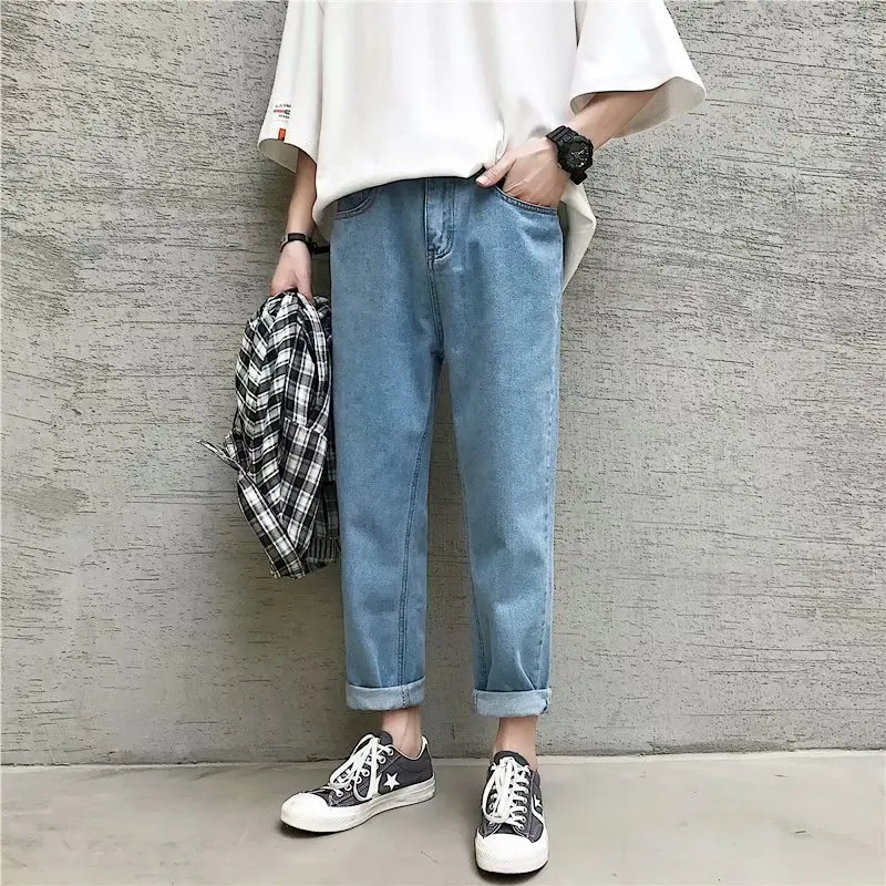 

Spring Men's Jeans Korean Style Trendy Straight Pure Color Loose Versatile Student Casual Nine-Piece Pants