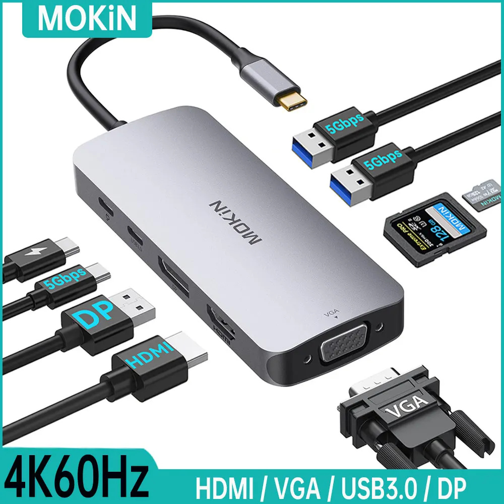 MOKiN USB C HUB 4K60Hz Type C to HDMI Docking Station,VGA 3USB3.0 Audio PD100W Adapter,For Macbook Pro Air M2 M1 PC accessories