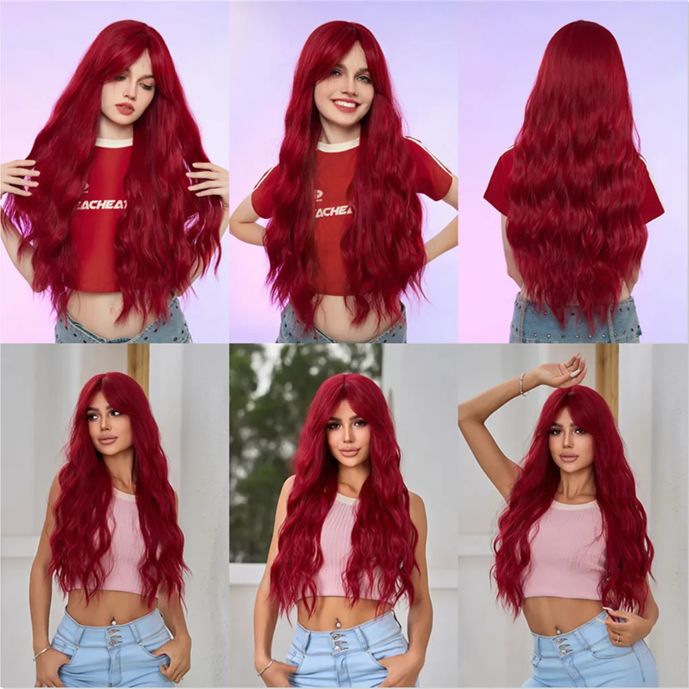 ALAN EATON Long Red Curly Synthetic Wigs with Curtain Bangs for Black Women Natural Looking High Temperature Daily Cosplay Hair