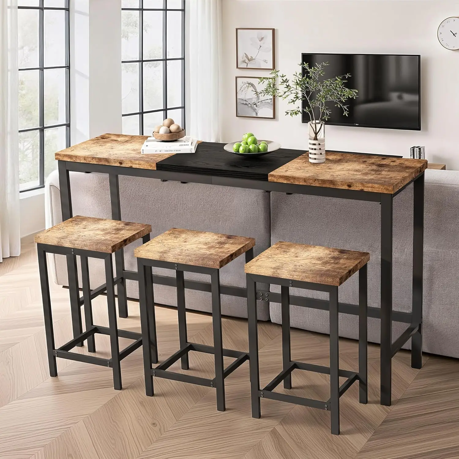 

Bar Table And Chairs Set, 60.24” Long Pub Table With 3 Stools, High Top Table Kitchen Dining Desk, 4-Piece Breakfast Desk Set