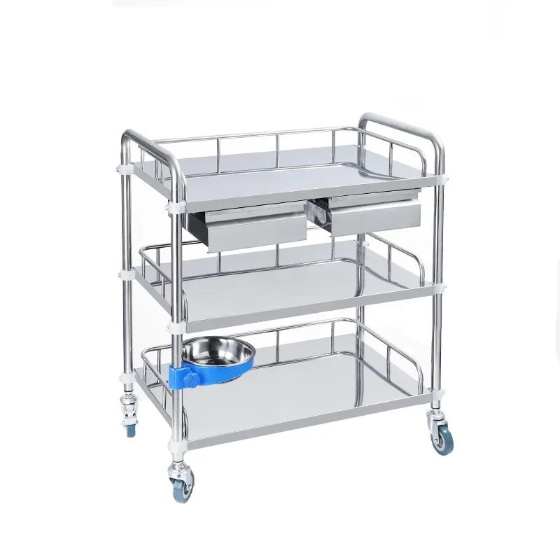 Hospital carts three layered medical trolley metal with drawers stainless steel trolley medical cart