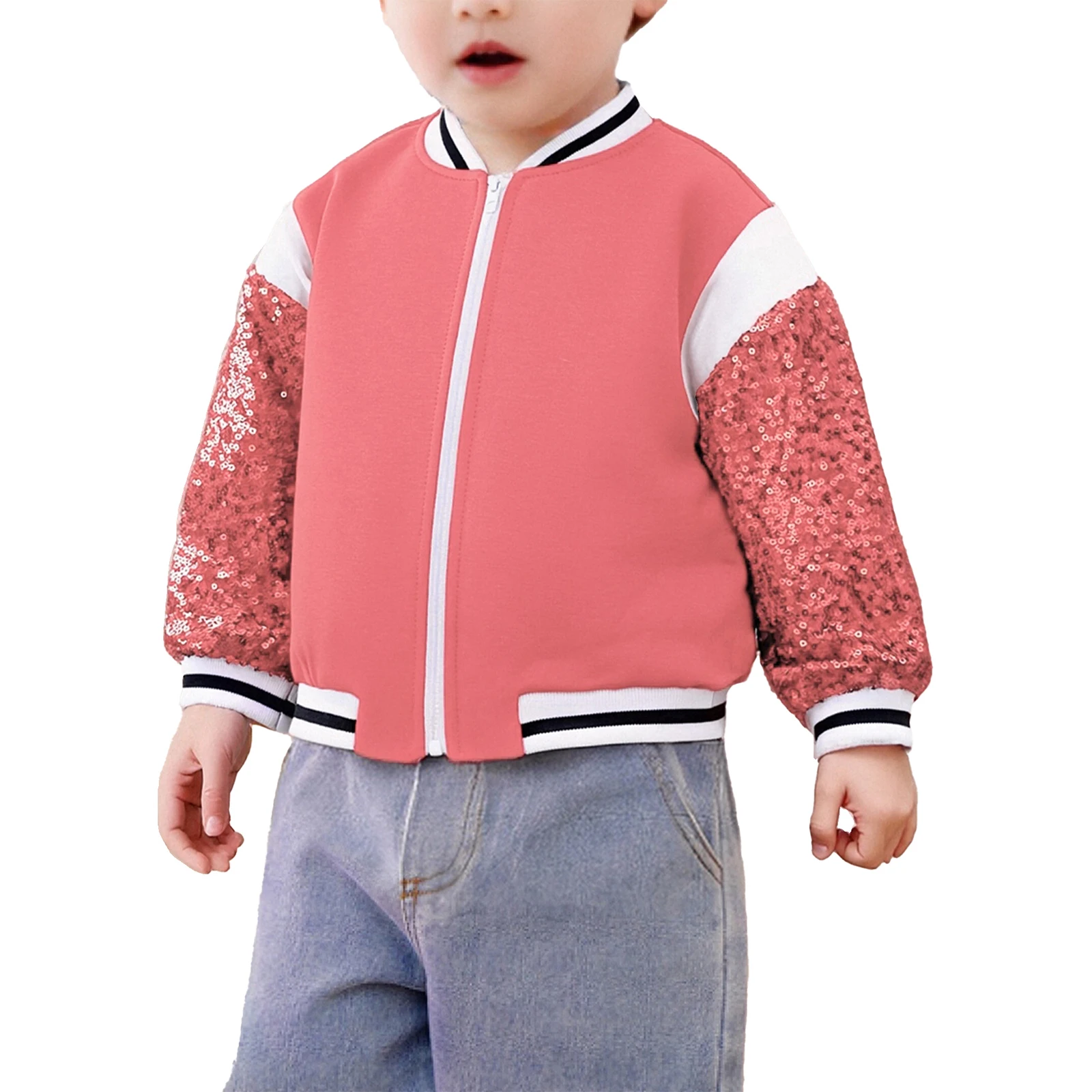 

Toddler Baby Girls Clothes Fashion Varsity Jacket Shiny Sequins Long Sleeves Zipper Baseball Coat Outerwear Sports Casual Wear