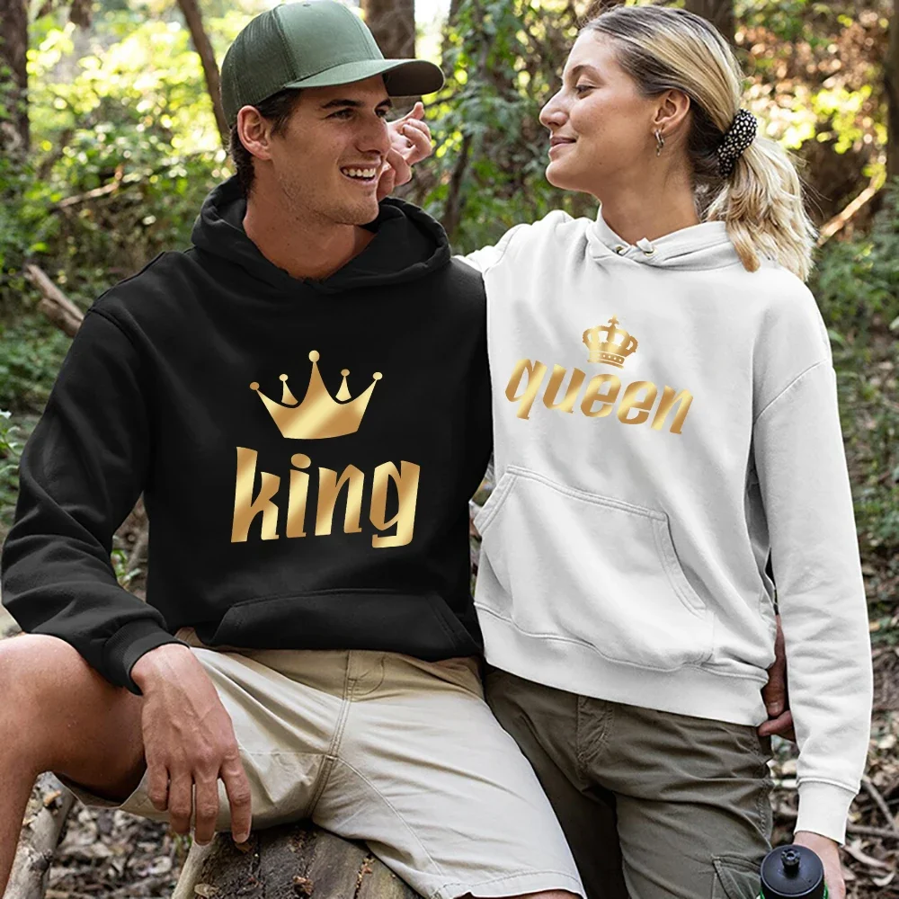 Men and Women Couples Hoodies King Queen Print Lover Hooded Sweatshirts Unisex Casual Tops New Streetwear Valentine's Day Gifts