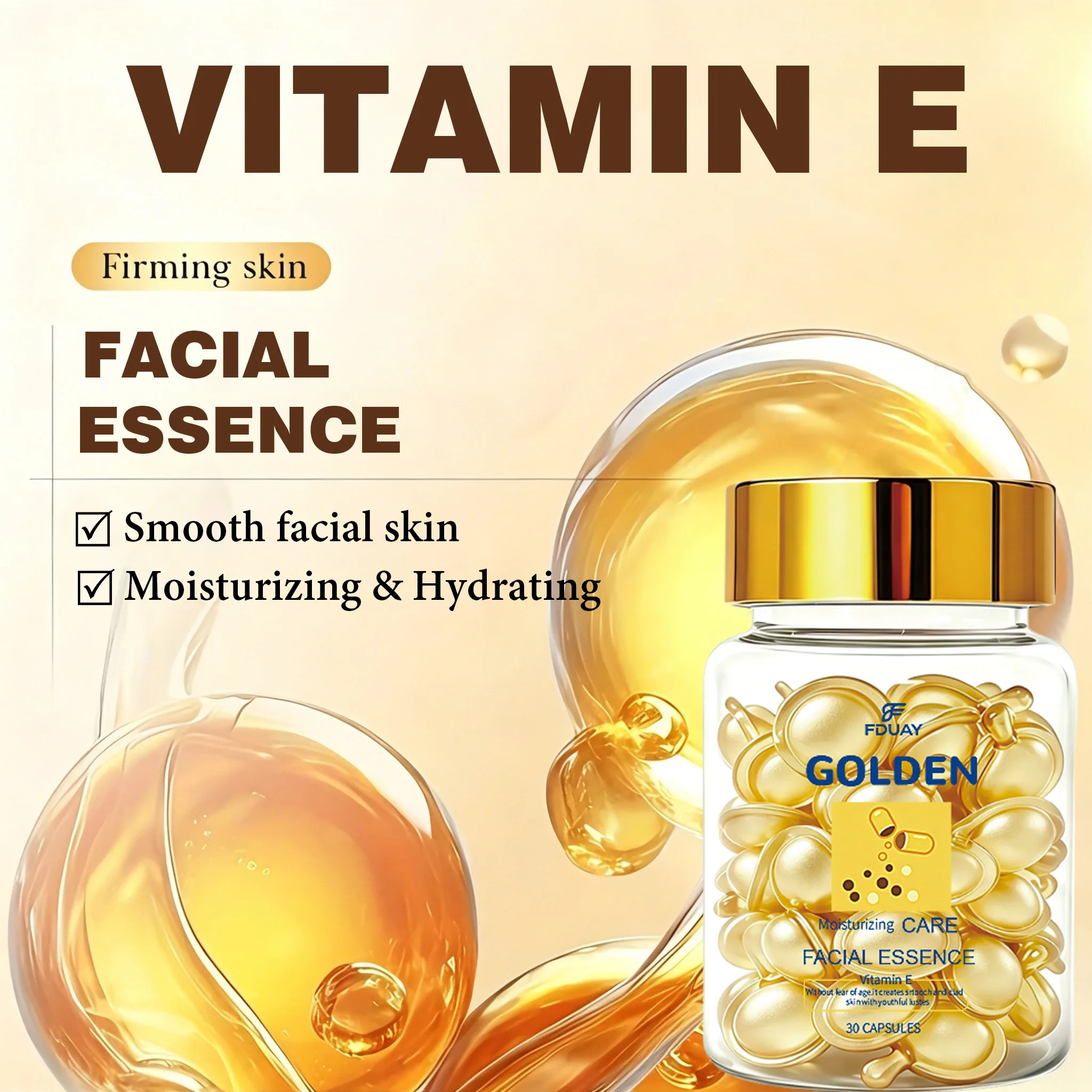 Vitamin E Golden Face Serum Capsules, Hydrating and Moisturizing Capsules, Revive Dull Skin, 30 Capsules