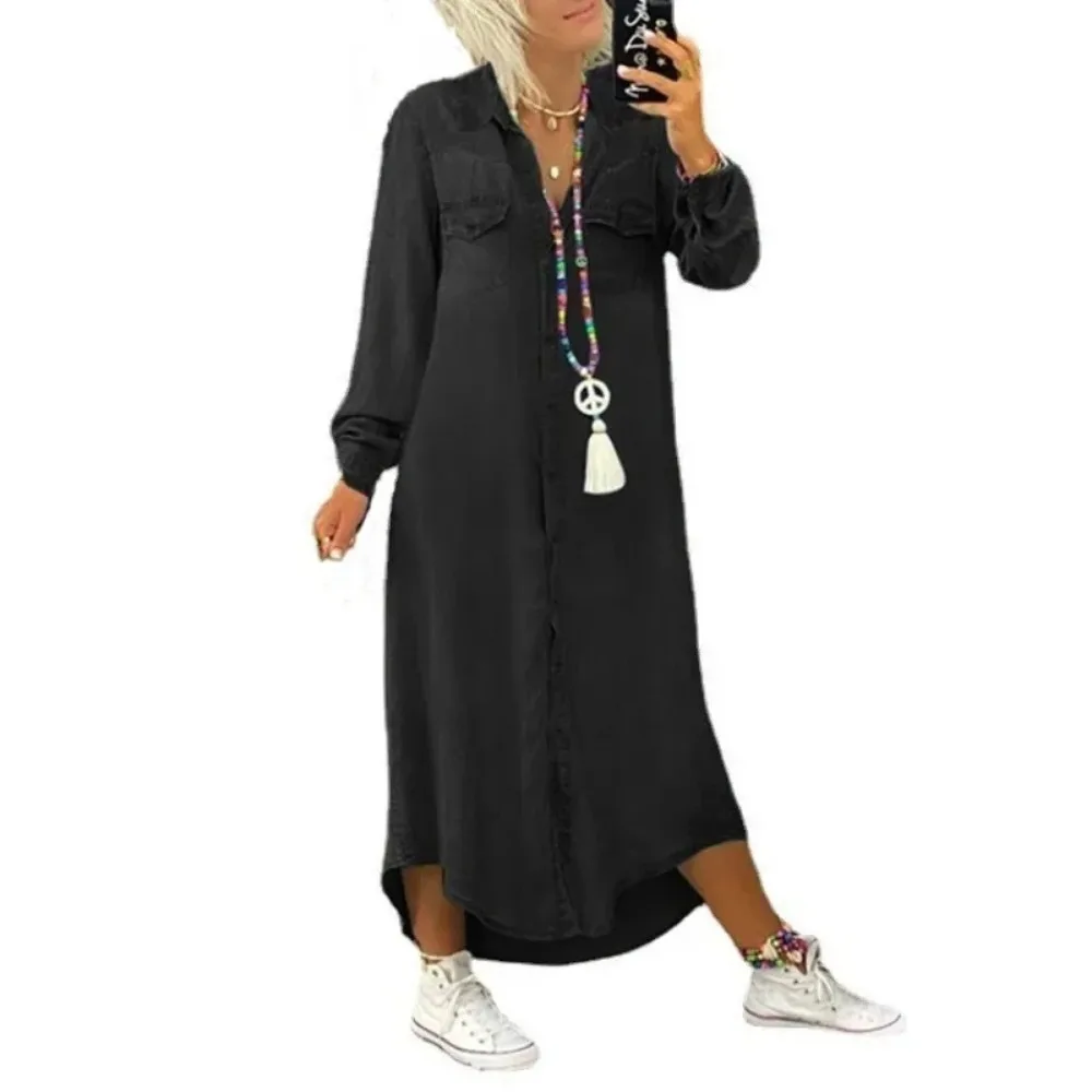Women's L-5XL Plus Size  Fashion Long Dress Long Sleeve Shirt Dress Women's Denim Long Dress Pocket Button Shirt Casual Loose