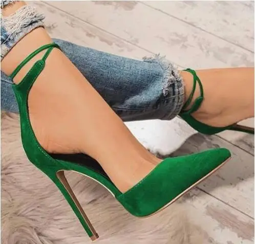 

New Woman Green Black Solid Suede Pointed Toe Ankle Cross Strap Hollow Thin Heels Pumps Female Party Prom Shoes Drop Shipping