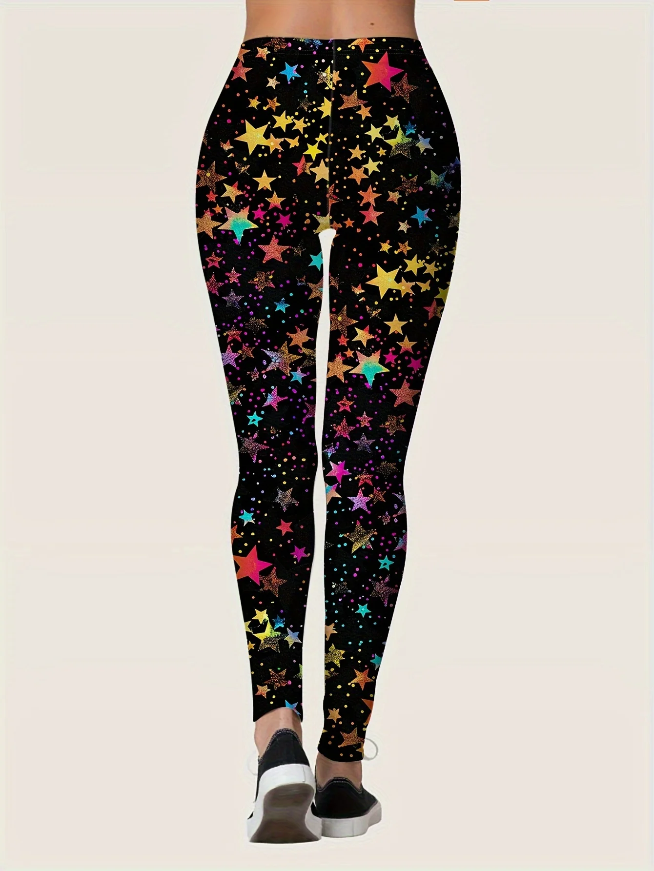 Women Fleece‑Lined Leggings Colorful Rainbow Star Print Mid‑Waist Winter Warm Casual Bottoms - view 2