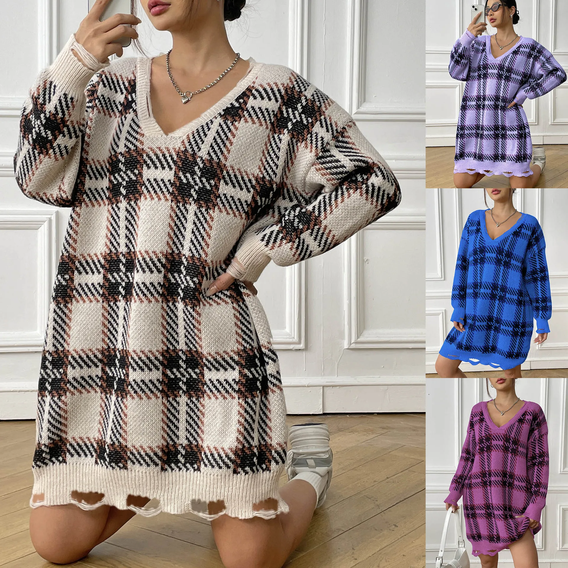 

Вязаное платье, женские прямые платья, клетчатый принт, эластичное офисное женское платье с v-образным вырезом и отверстиями, Vestidos, осень-зима 202, винтажное платье