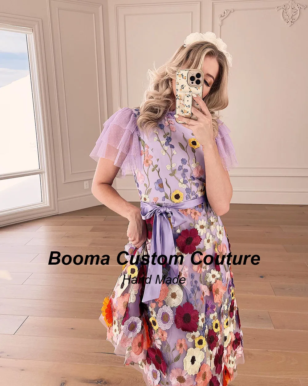 Booma Lavender A Line Midi Prom Dresses High Neck 3D Flowers Appliques Party Gowns Homecoming Dresses 2023 robe soireé femme