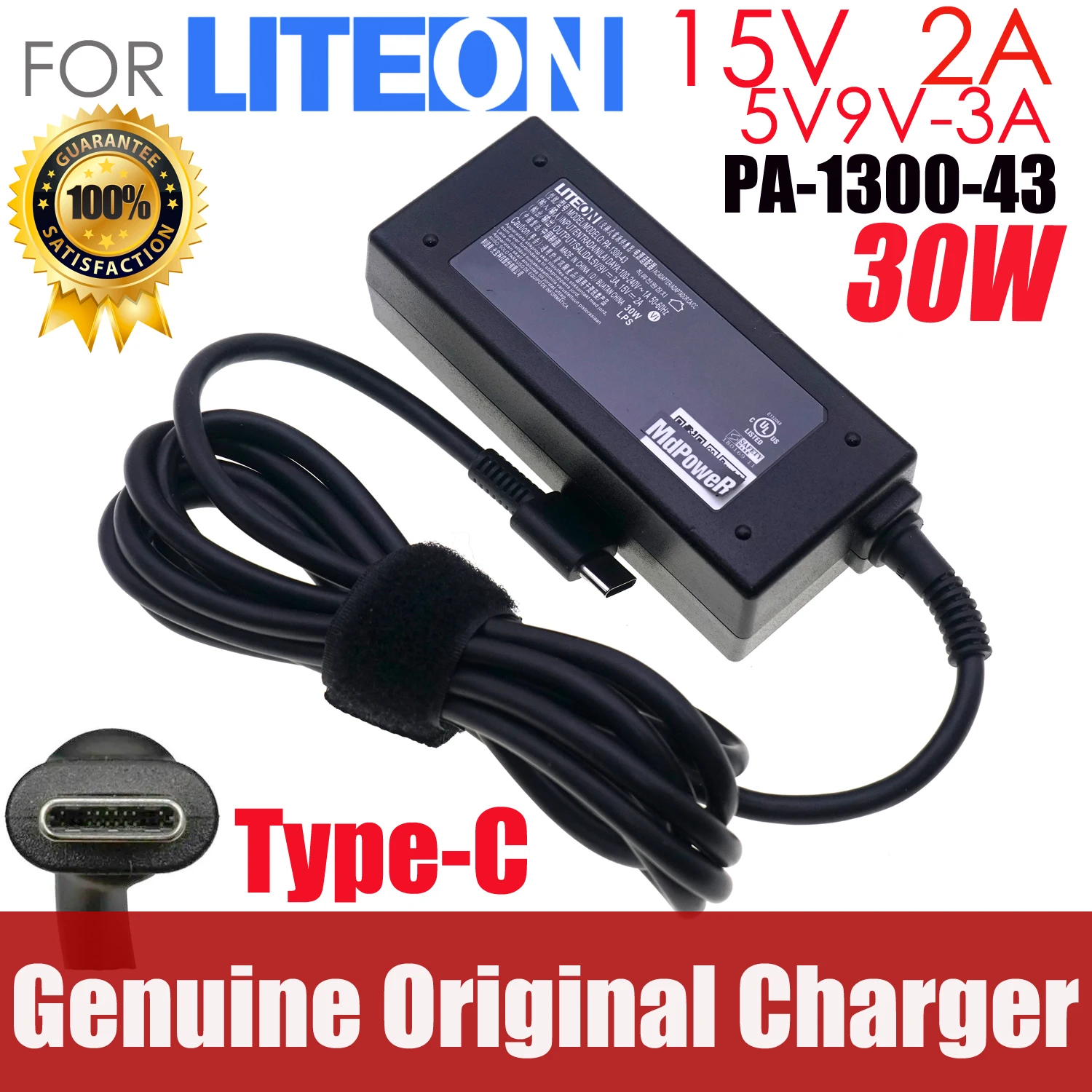 Genuine Liteon PA-1300-43 USB-C AC/DC Power Adapter 5V/9V 3A / 15V 2A 30W Max TYPE C