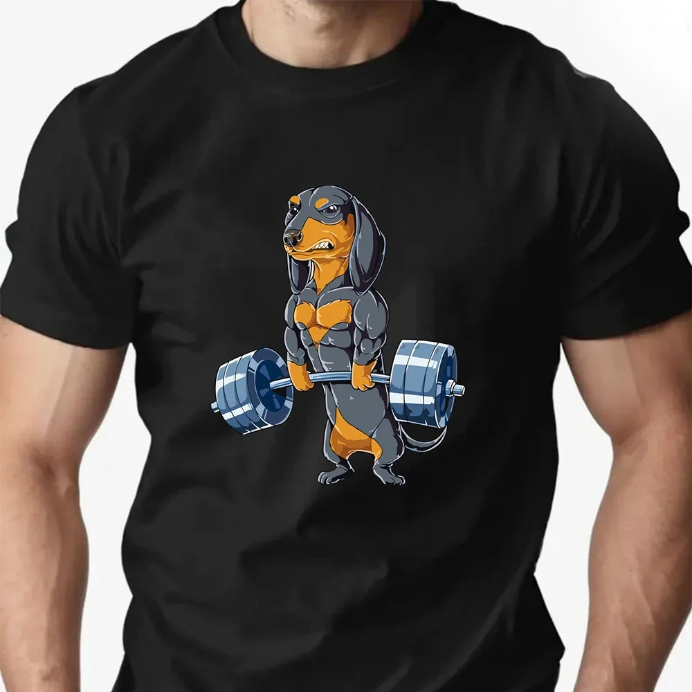 

Gym T-Shirt 100% Cotton Puppy Holding Dumbbells Cartoon Pattern Print Summer Men's O Neck Sports Breathable Short Sleeve