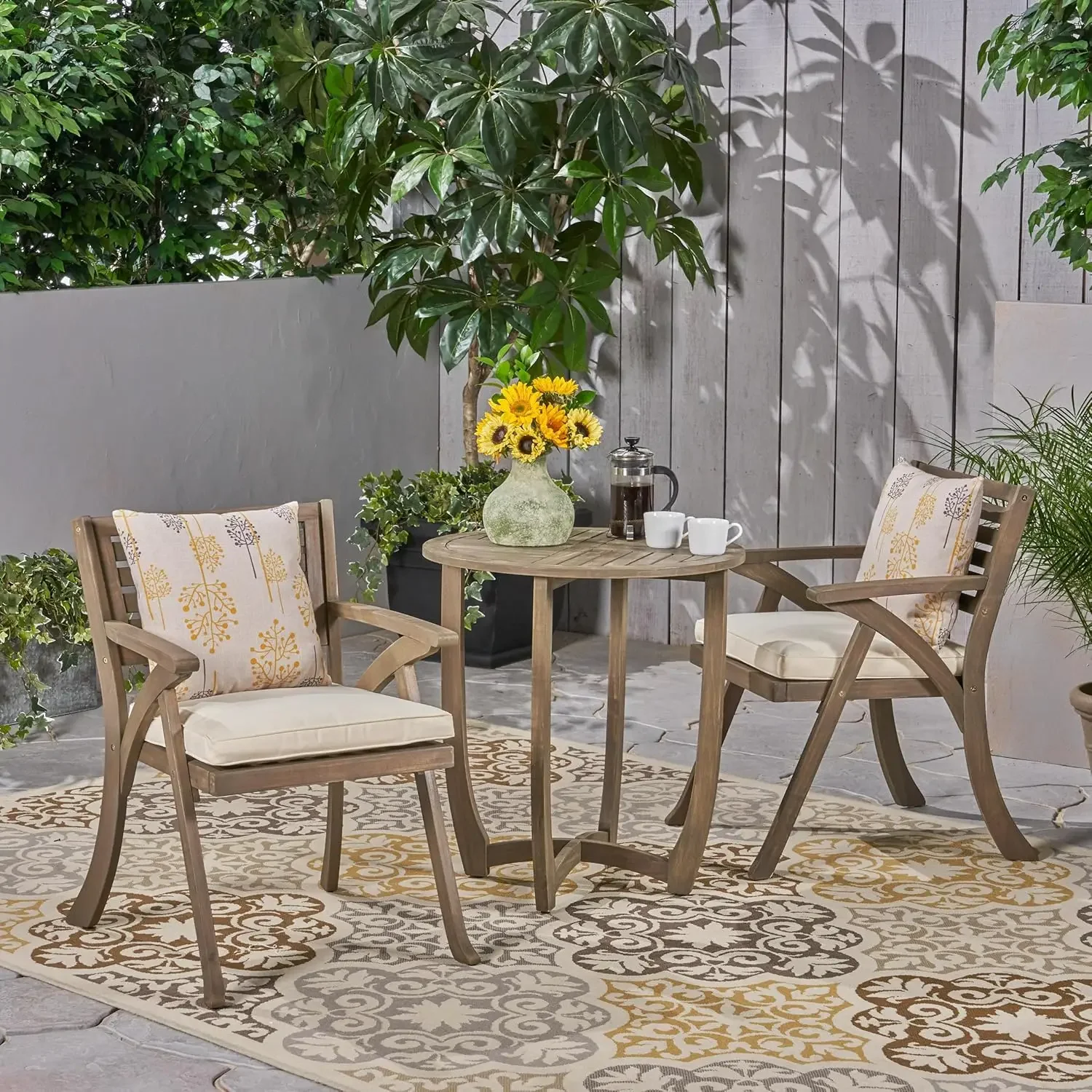 

Hermosa Outdoor 2-Seater Acacia Wood Bistro Set, 24 "W x 27.5 "D x 34.25 "H, Gray + Cream