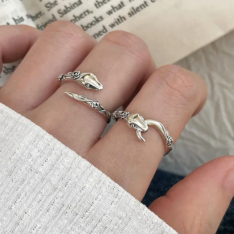 PONYKISS 925 Silver Snake Adjustable Ring for Women Cute Animal Fine Jewelry Minimalist Accessories