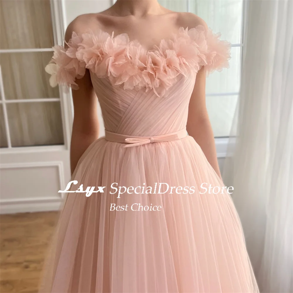 LSYX Off Shoulder Flowers Sweetheart Pastrol Evening Gown Tulle Tea-Length A-line Lace-up Back Prom Dress