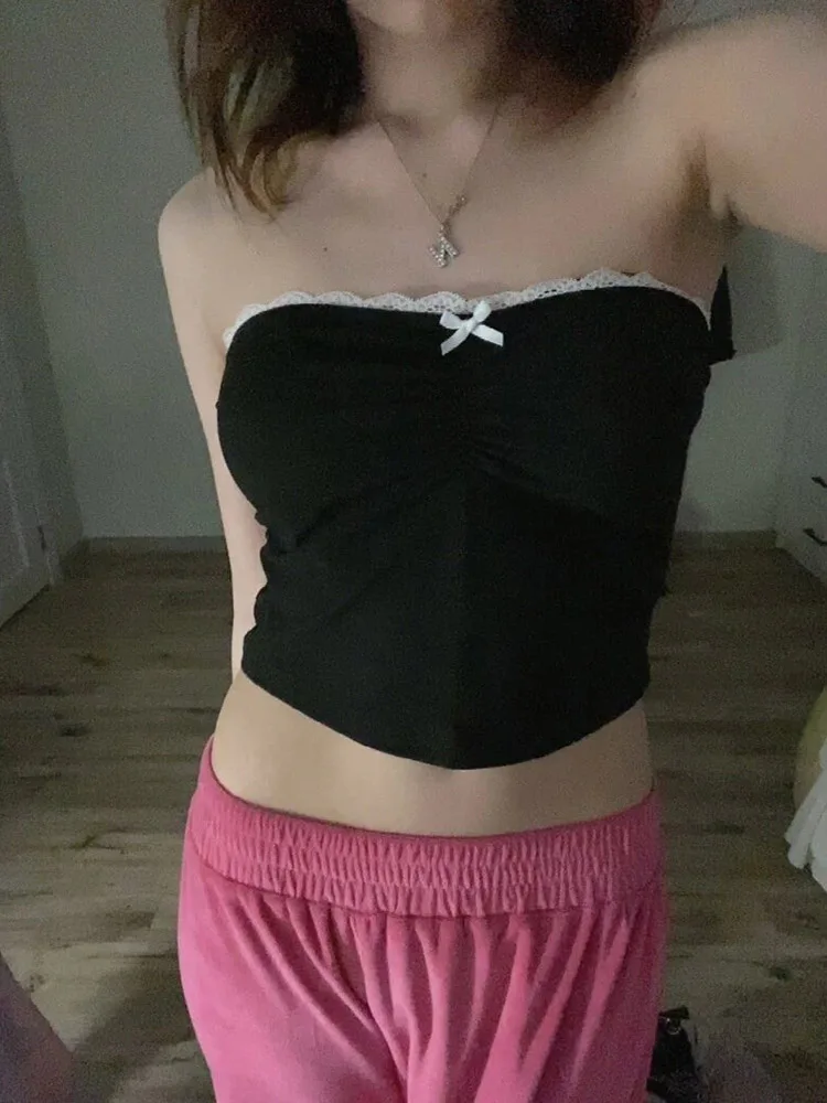 Women's Contrast Bow Stitched Tube Top Strapless Cropped Harajuku 90s Vintage Y2K Casual Basic Tees Cute Summer Vest