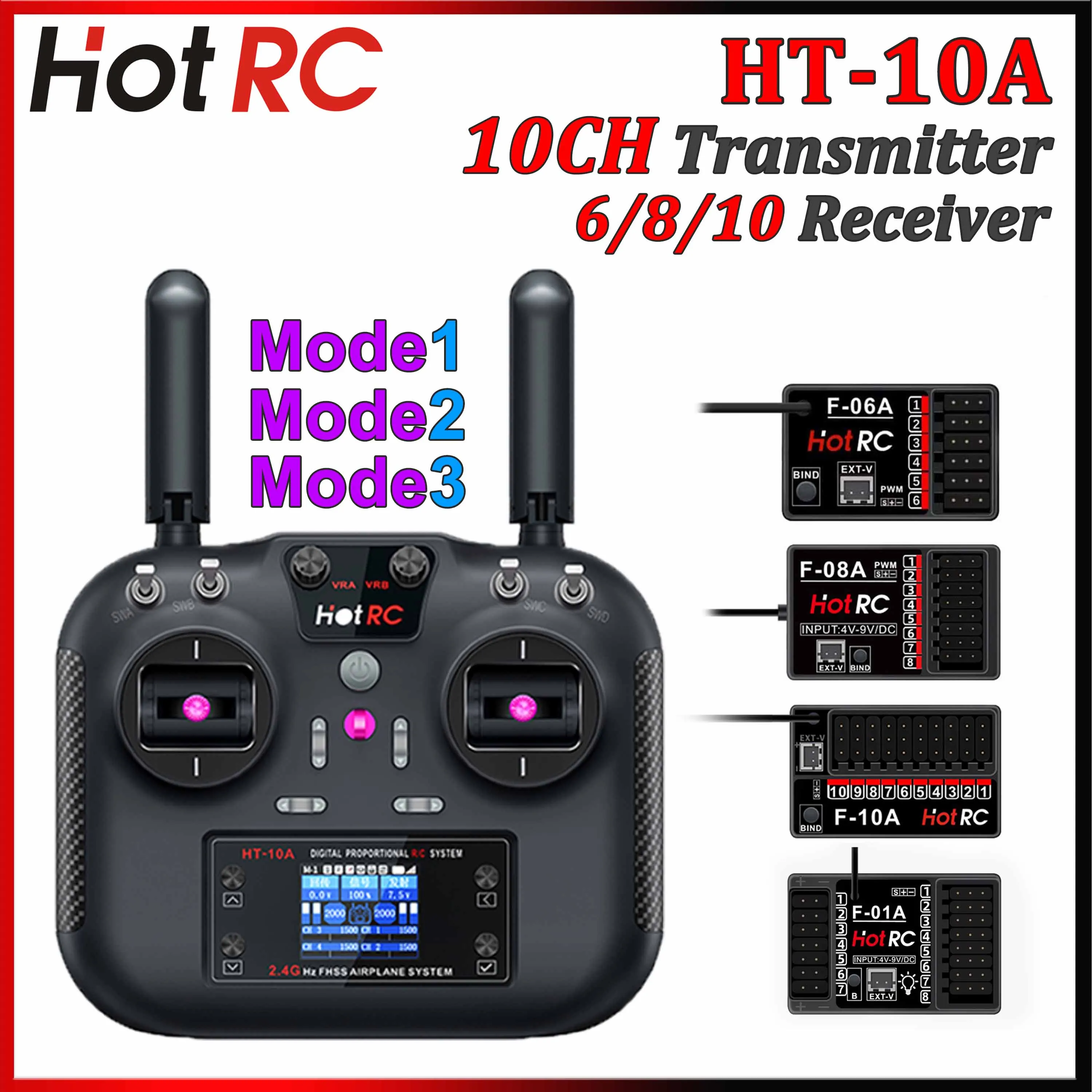HotRC HT-10A 10CH 2.4G Multi-Functional Transmitter Mode1/2/3 F-10A F-06A F-08A 6/8/10CH Receiver for Remote Control Plane Car