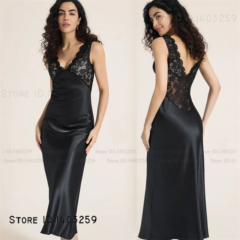 Elegant Female Long Nightgown Sleepwear Sexy Patchwork Lace Backless Nightdress Lingerie Summer New Silk Satin Homewear Nighty