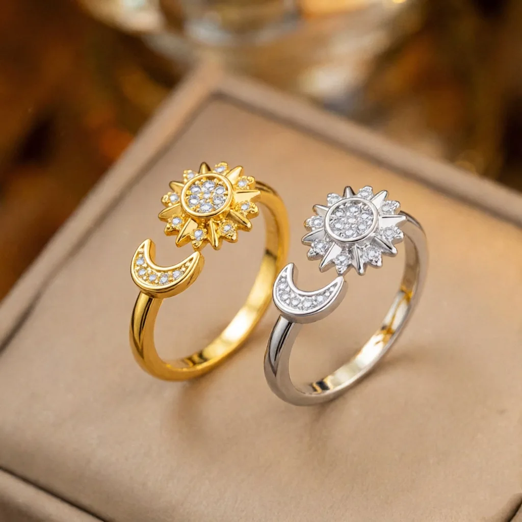 2026 Luxury Sun and Moon Couple Ring Sparkling Cubic Zirconia Adjustable Opening Rings Fine Jewelry Gifts for Valentines Day
