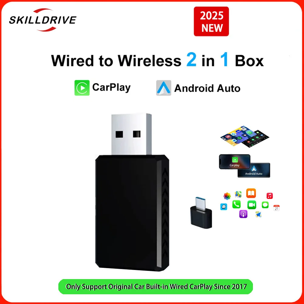 SKILLDRIVE-mini adaptador CarPlay 2 en 1 para coche, dispositivo con cable a inalámbrico, Android Auto, OEM, con cable incorporado, desde 2025, 2017