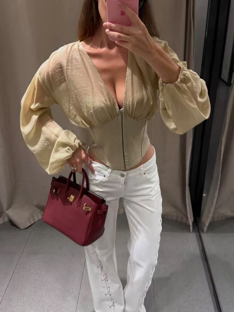 Women Slim Blouse Top Fashion Spliced V-Neck Lantern Sleeve Solid Color Casual Shirt Elegant Casual Thin Chic Patchwork Blouse