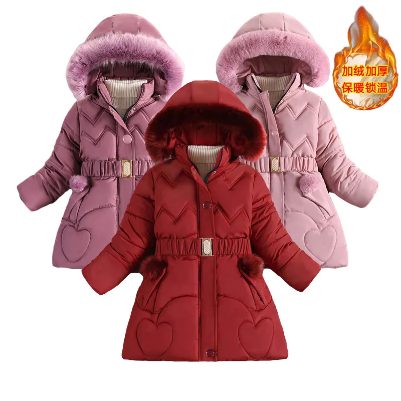 -30°C Winter Padded Jackets Girls Plus Velvet Thicken Warm Coat Hooded Zipper Fur Collar Princess Outerwear Children Clothing