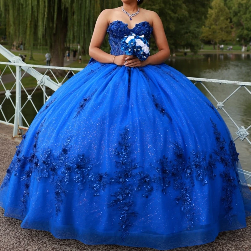 

Royal Blue Shiny Quinceanera Dresses Off The Shoulder Applique Lace Beads Bow Tull Party Birthday Sweet 16 Dress Vestidos 15
