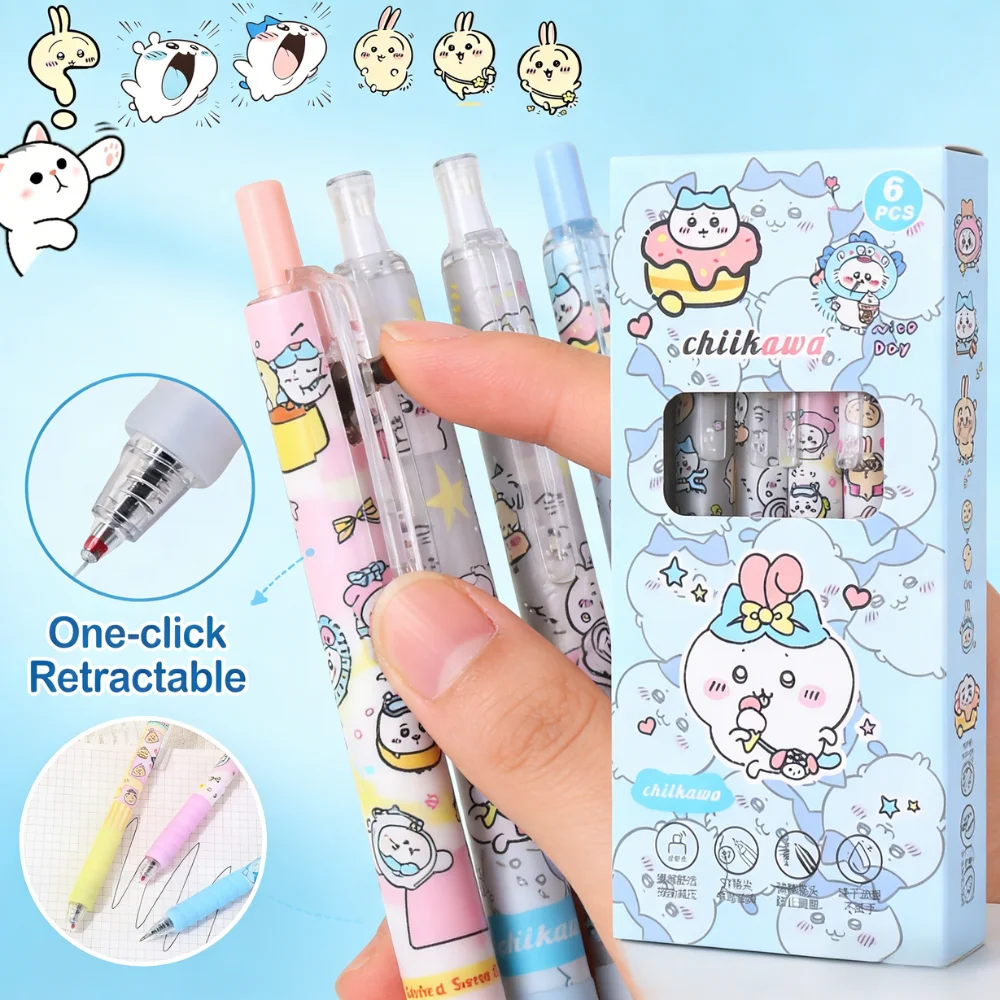 

Hot seller Chiikawa 6pcs Gel Pen Kawaii Black Ballpoint Pens Cartoon Student Writing Tool School Office Supplies Stationery Gift